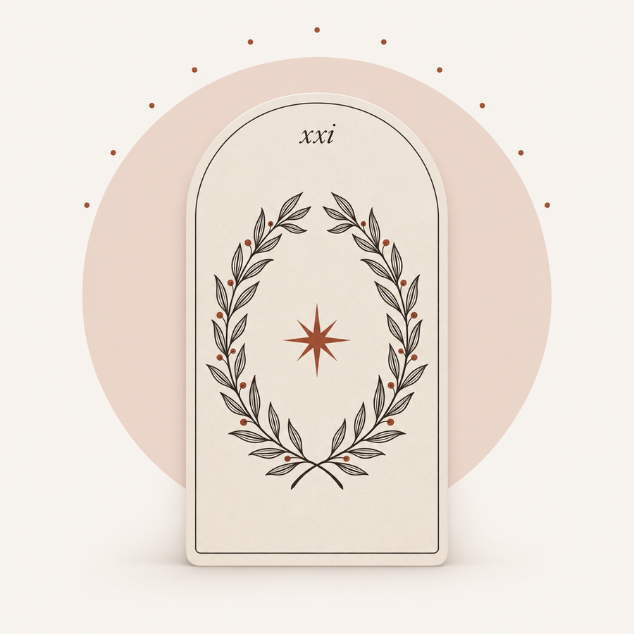 Tarot card XXI, laurel wreath around a star — Year Ahead reading