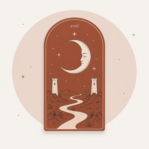 Tarot card XVIII, crescent moon above a path between two towers — Ex & Reconciliation reading