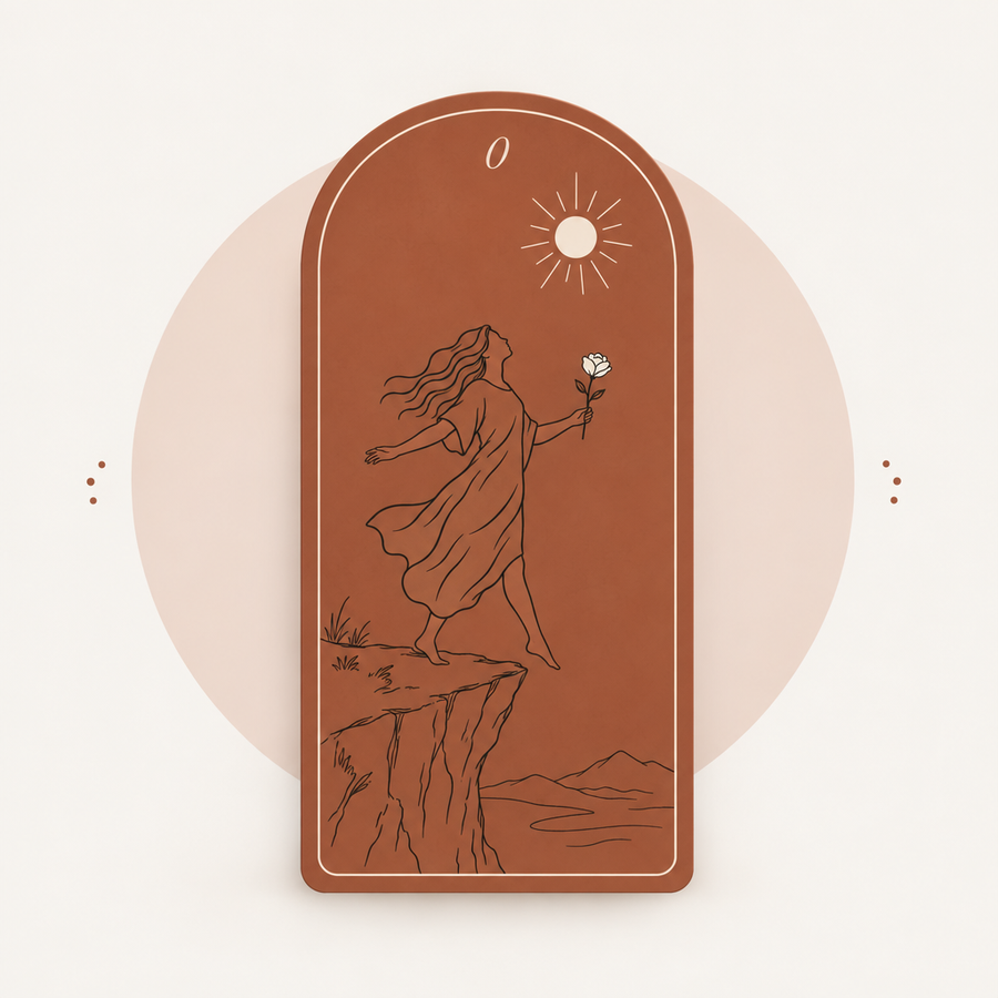 Tarot card 0, a figure stepping forward on a cliff — Open Question reading