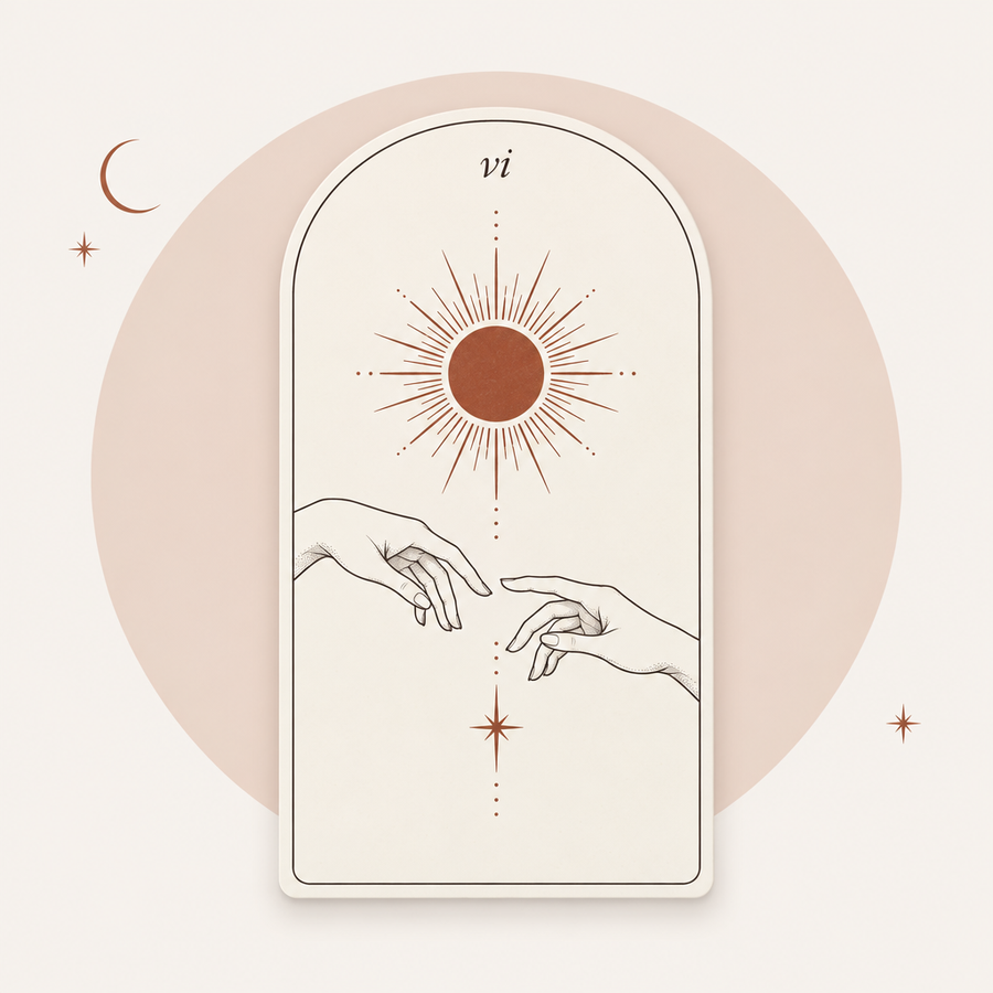 Tarot card VI, two hands reaching toward a sun — Soulmate & Love reading